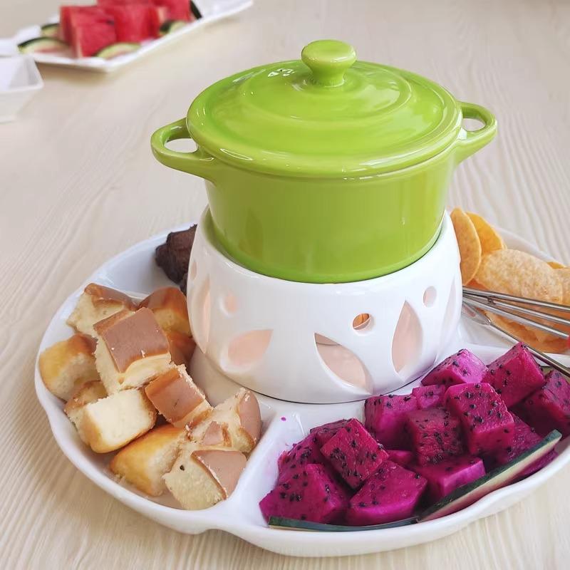

Ceramic 220ml Colorful Fondue Pot Set with Dipping Forks for Chocolate & Cheese, Includes Marshmallows & Banana Slices 220ml зелений