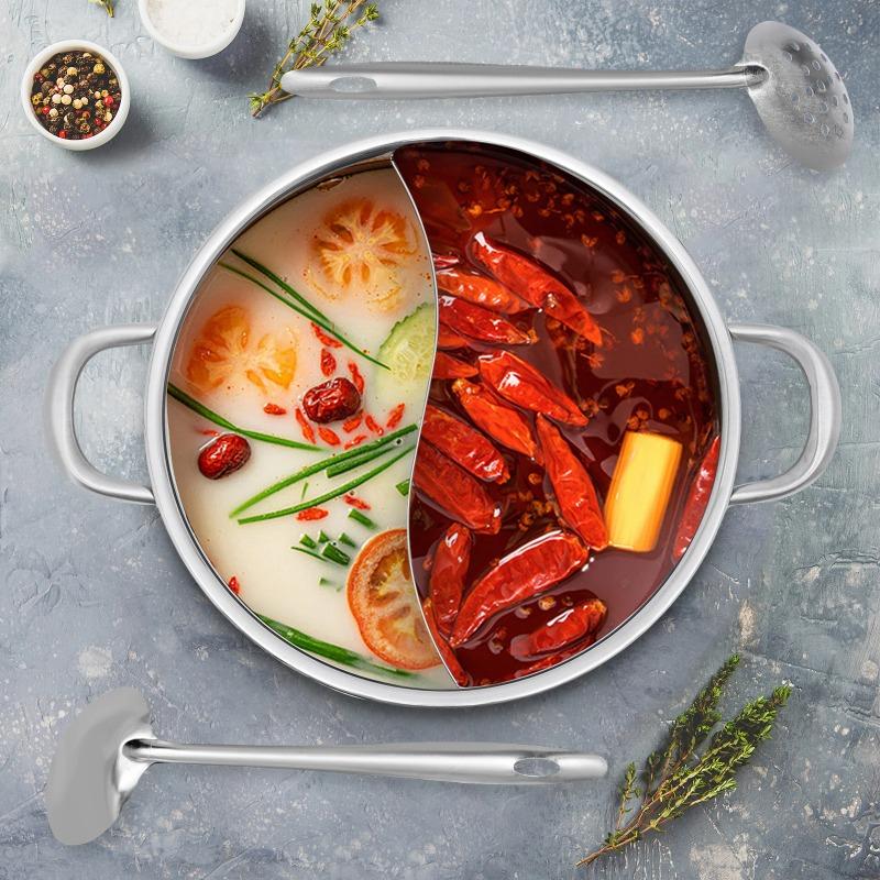 304 Food Grade Stainless Steel  Shabu Pot with Lid Divider Dual Sided Cookware for Induction Cooktop Gas Stove Kitchen Cooker
