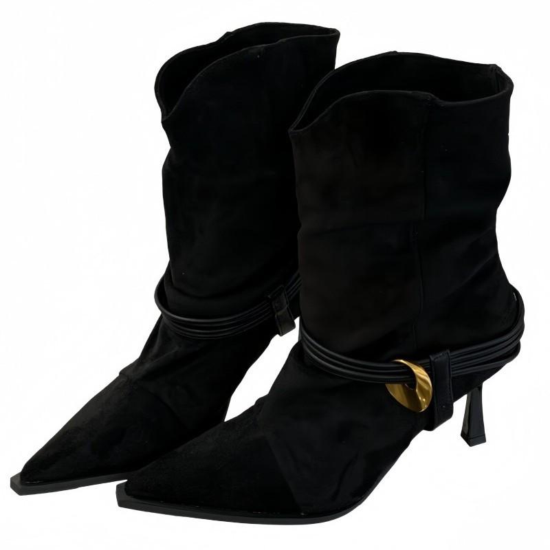 Europeisk och amerikansk stil nya högklackade spetsiga plisserade mocka staplade stövlar metallspänne rem en-pedal mode damstövlar korta stövlar