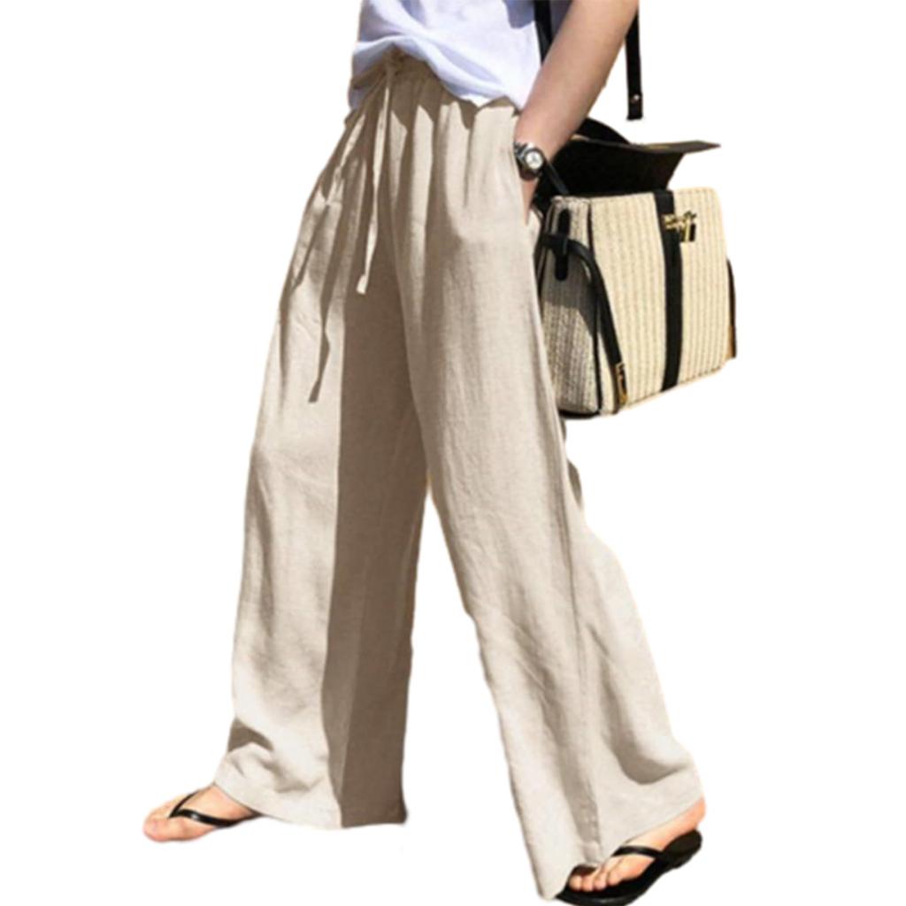 NONELECEDOLE Wide Leg Long Plus Elastic with Solid Loose Perfect for and Autumn Women's Pants, Pants, Cotton-Linen, Sizes, Waist, Lightweight,