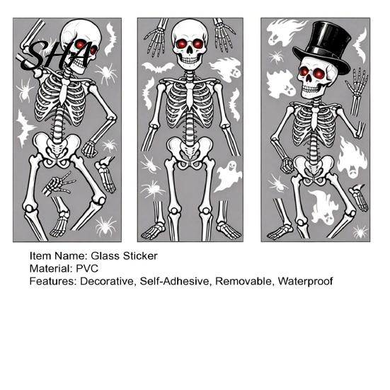 Easy Peel Glass Decal 3Pcs Halloween Skeleton Stickers, Waterproof PVC Window Clings, Static Decals, Wear-resistant Cling Removable Stickers for Home