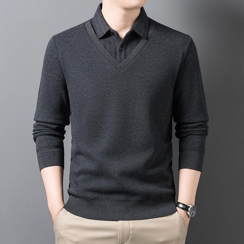 

Men s 2025 Autumn/Winter Wool & Velvet Faux Two-Piece Polo Shirt with Business Collar 2XL