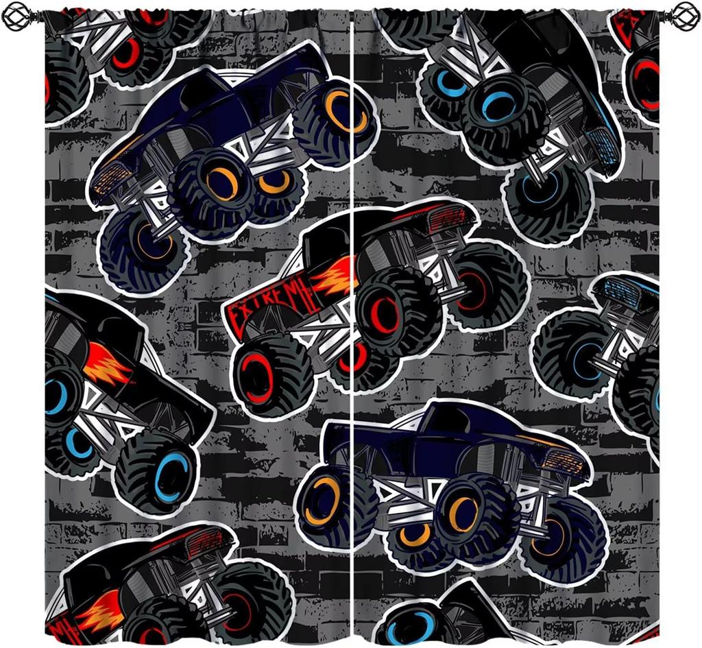 Monster Truck Curtains Boys Cartoon Red Blue Car Game Cool Racing Window Kids Bedroom Living Room Playroom Curtain For Sitting Made Of Polyester