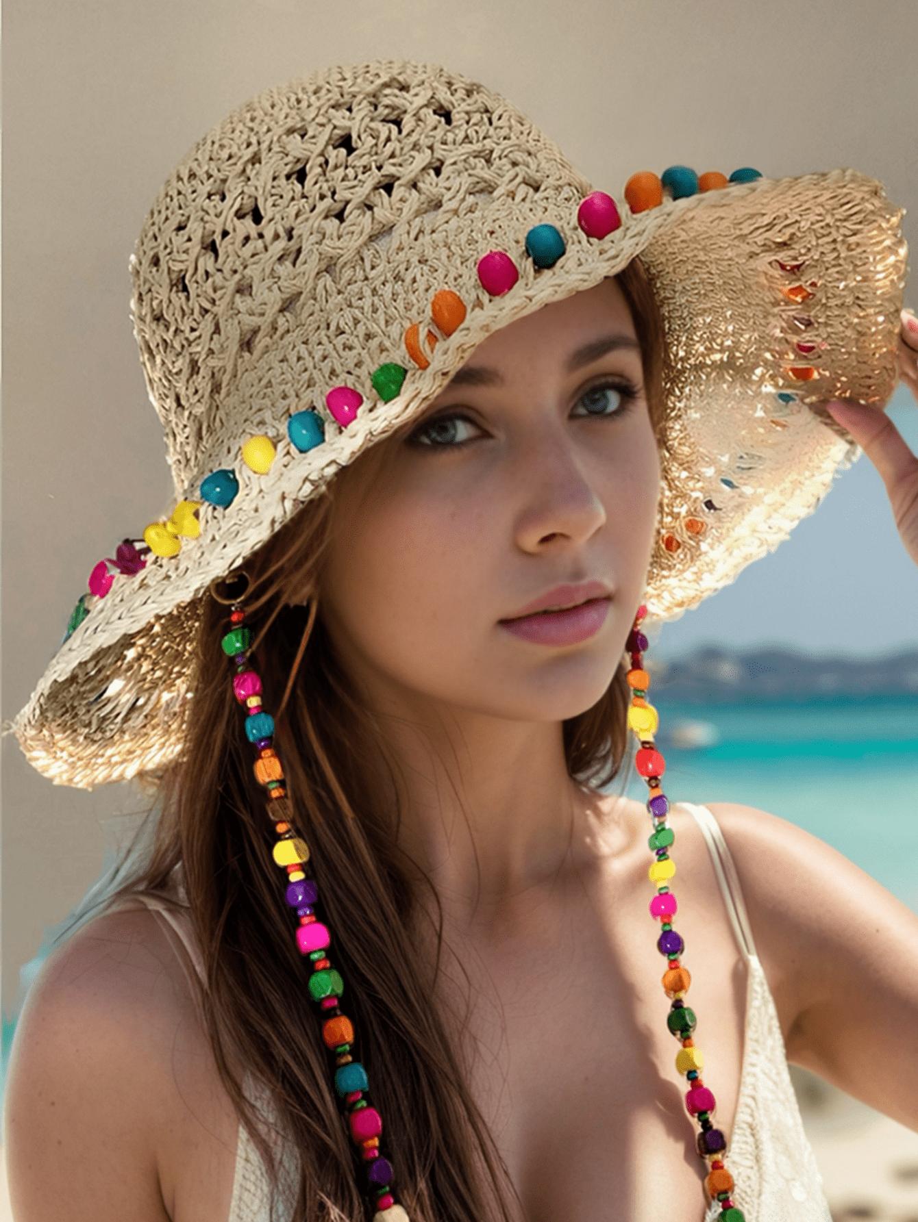 Freedom Outdoors Women's Khaki Wide-Brimmed Sunscreen Straw Hat, Bohemian Style, Beaded Decoration, Fisherman Hat, Beach Hat, Foldable Cm