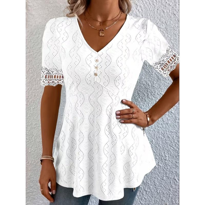 TIFICY Women s Fashion Casual Summer Spring Solid Color Print Short Sleeve V-Neck Blouses & Shirts S
