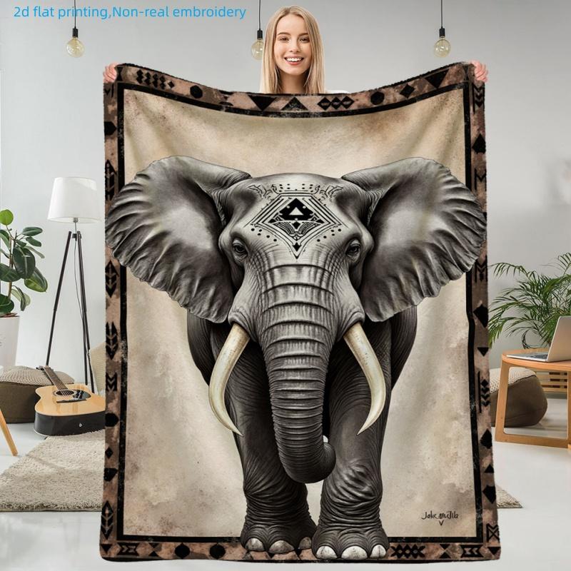 1pc Retro Tribal Style Elephant Print Blanket, Ethnic Pattern, Multi-Size Available, Autumn Thanksgiving Christmas Nap Blanket, Suitable for Living Ro