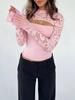 Women's Lace Long Sleeve Going Out Tops Sexy Y2K Crew Neck Cutout Double Lined Slim Night Out Shirts