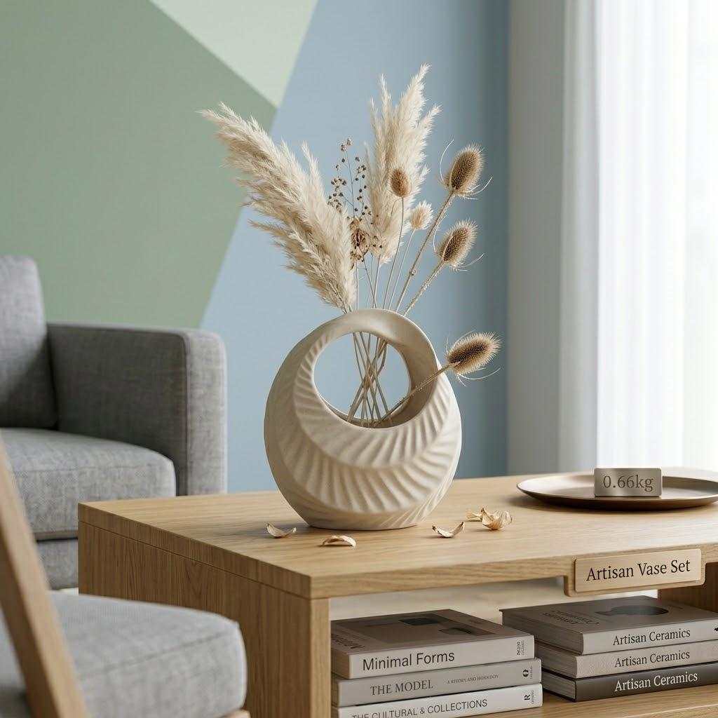 Artistic Donut Ceramic Vase, 7.7  Modern Hollow Circular Flower Pot, Minimalist Sculptural Table Decor for Home Living Room