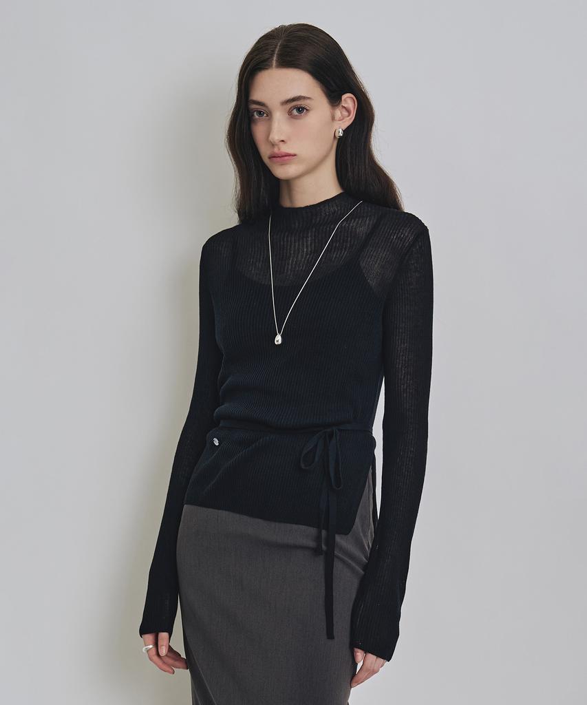Keoseuteomeokeullagumeon Linen See-Through Ribbed Half-Neck Knit 5 Color Cowkt020