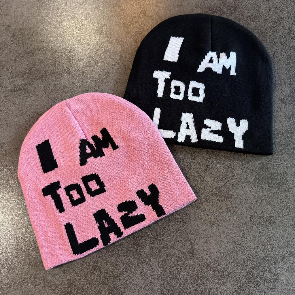 Am Letter I Too Lazy Embellishment Retro Streetwear Warm Wool Hat Knit Couples