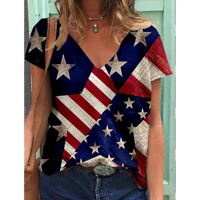 Summer Women's Clothing V-Neck Ladies T-shirt Sleeve Independence Day American Flag Star Print T-shirt Lady Girl Tops Tees