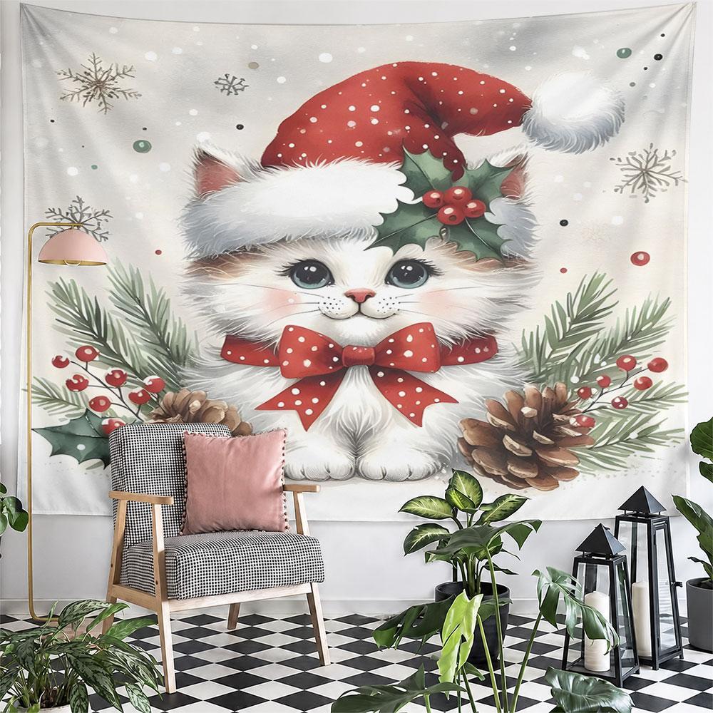 Christmas Cat with Santa Hat and Bow Pattern Wall Hanging Tapestry Decorative Tapestry Home Decor for Bedroom and Living Room