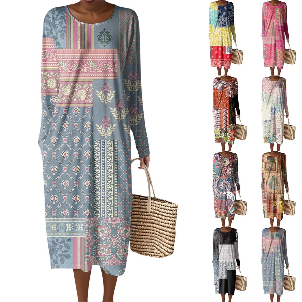 Women's Fashion Casual Retro Print Round Neck Pocket Elegant Temperament Dress
