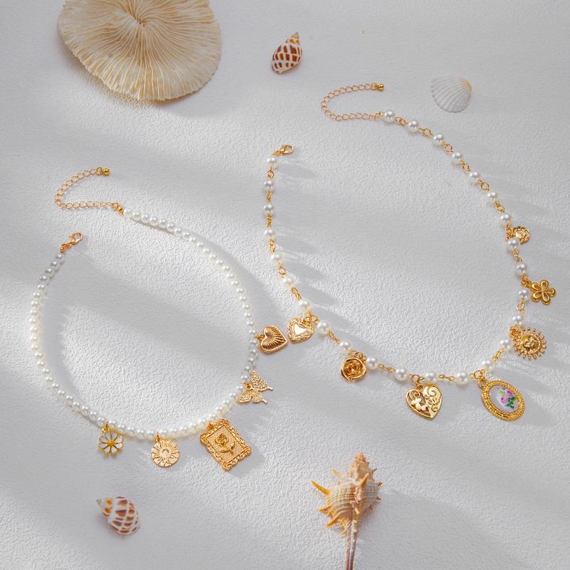 2Pcs/Set Sunflower Heart Geometric Pendant Necklace For Women Luxury Imitation Pearl Chain Necklaces French Palace Jewelry