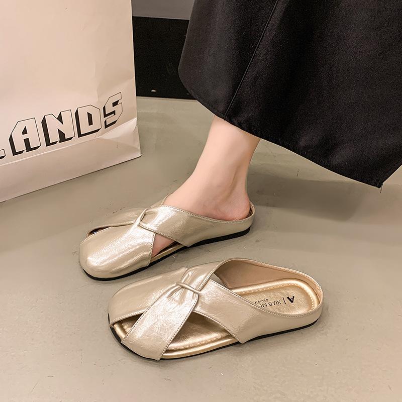 

Тапочки с закрытым носком, мягкие кожаные, мягкие, удобные, дышащие, плоские тапочки - элегантные женские повседневные сандалии 36 золотой