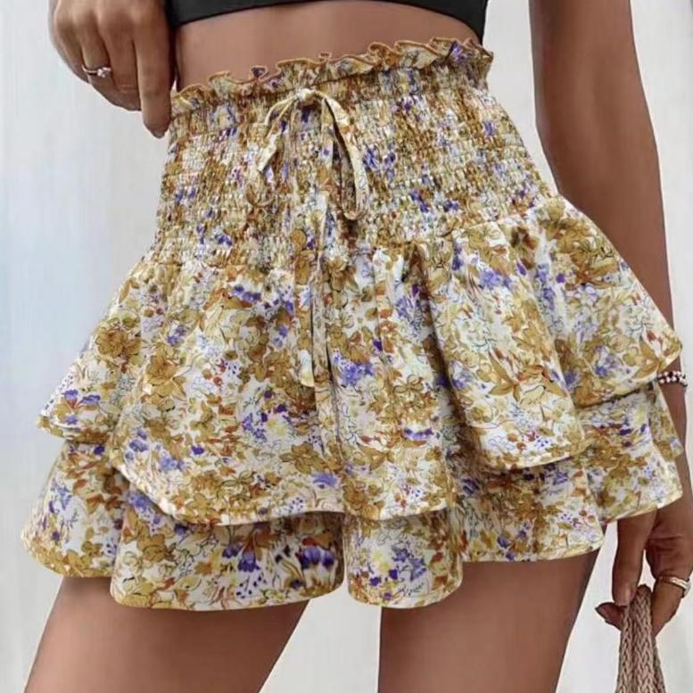 Women's Fashion Floral Skirt Pleated Skirt Ruffle Printed Short Skirt
