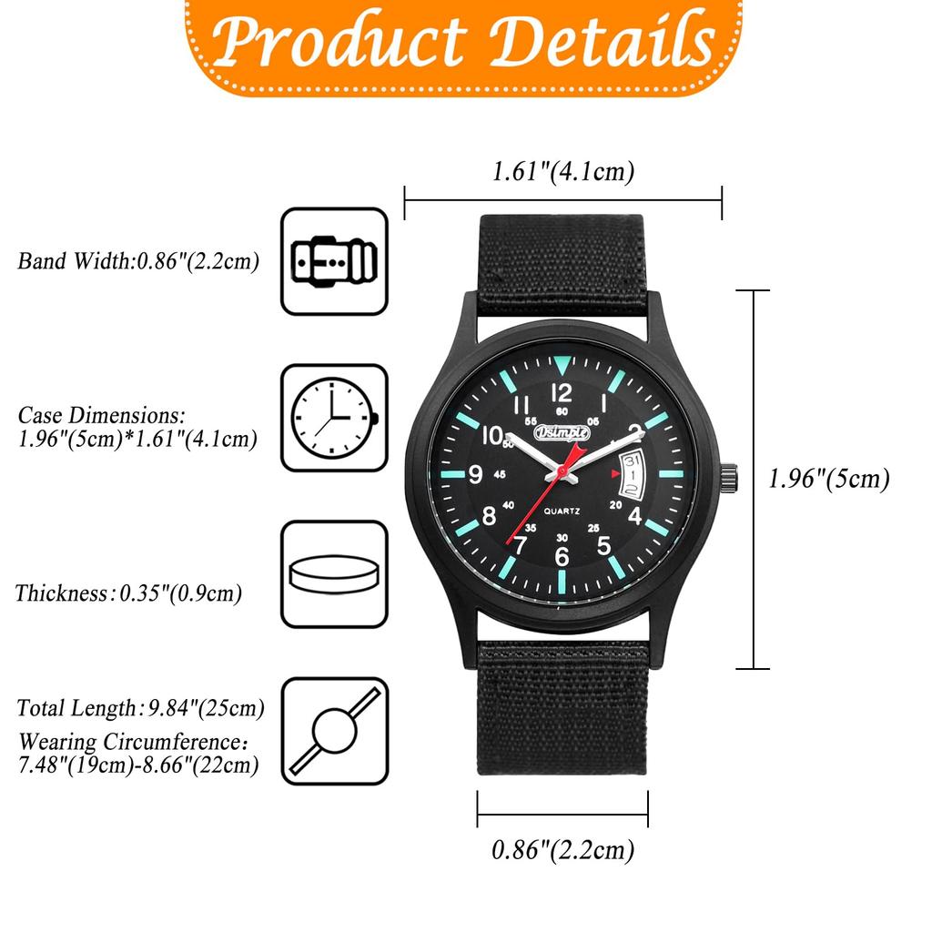 Military Watch with Nylon Luminous Analog Simple and Stylish Quartz Fashion Accessory Perfect Gift for and Day Men's Strap, Waterproof, Display,