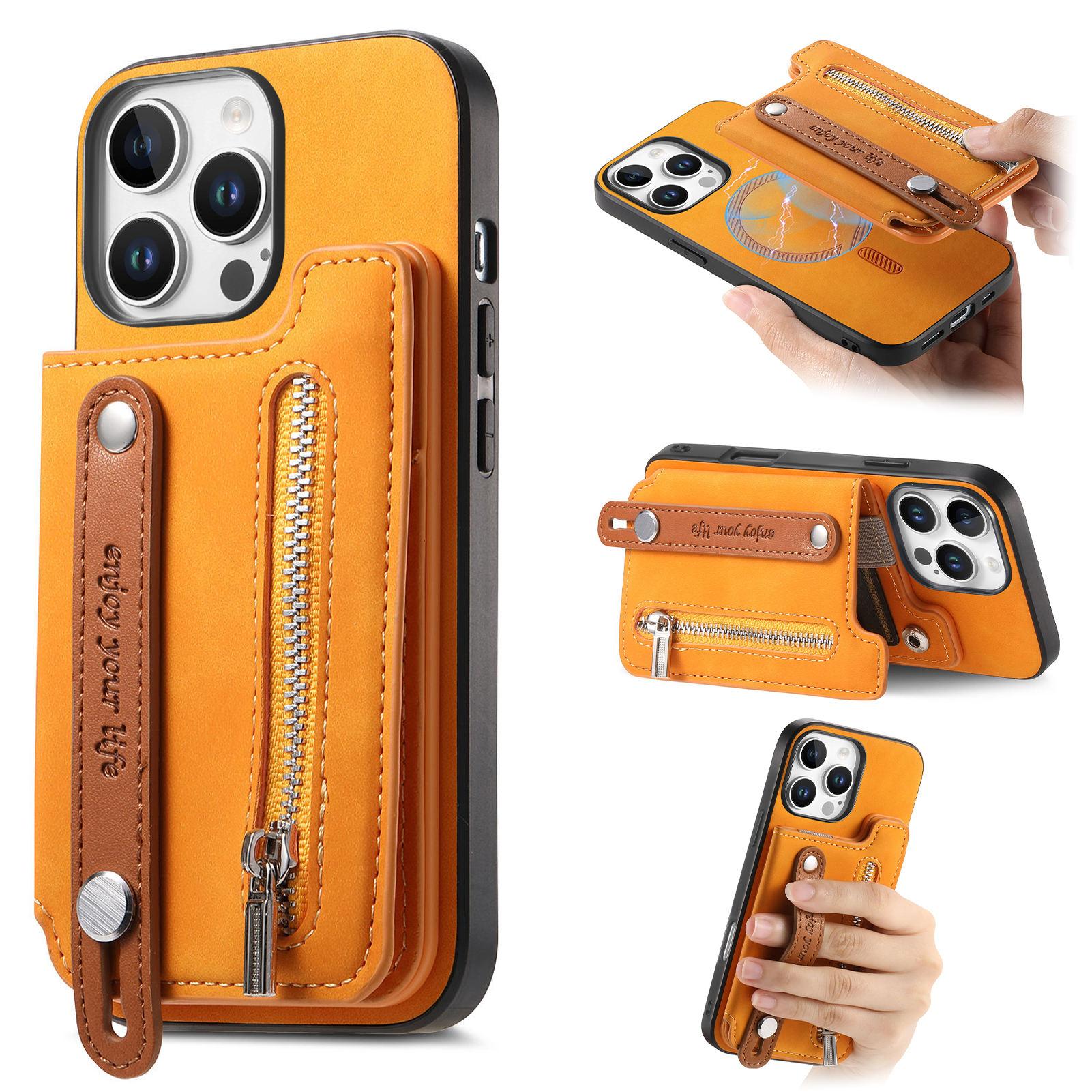 

For iPhone 16 Pro Max Case Zipper Card Holder Leather+TPU+PC Phone Cover 2-in-1 Magnetic Detachable Orange