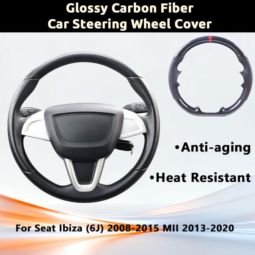 Car Steering Cover For Seat Ibiza (6J) 2008-2015 MII 2013-2020 UV Protection Anti-Aging Glossy Carbon Fiber Leather