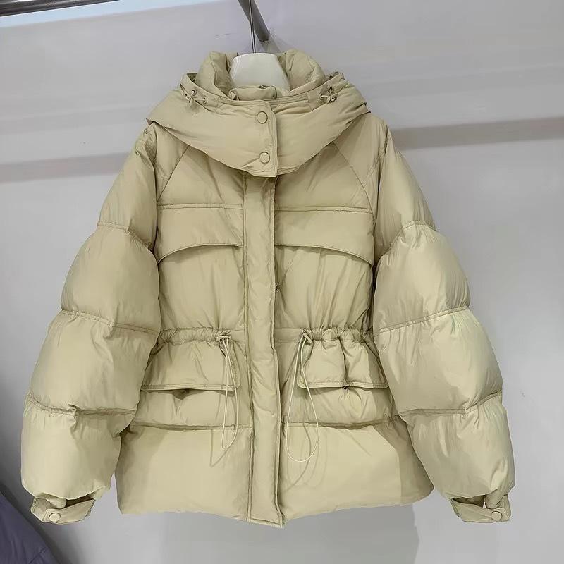 Women's Autumn Winter Down Jacket Short Hooded Single Breasted Loose Adjustable Waist Straight Tube White Duck Down Coat