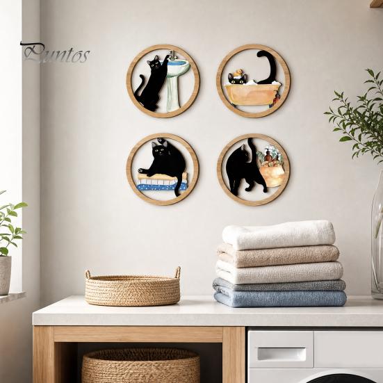 Nordic Style Wall Decoration 4 Pcs Minimalist Black Cat Art, Geometric Round Circle Wooden Matte Finish Decor Decor, Abstract Hanging Sign for Living