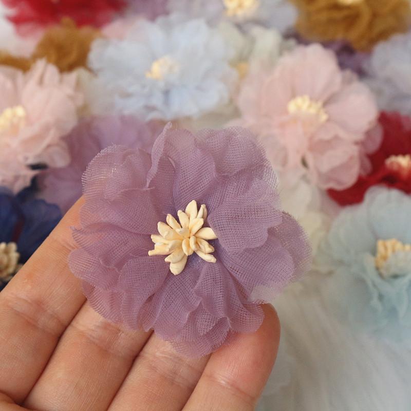 10Pcs 5CM Wrinkle Chiffon Fabric Cored Flowers For DIY Hair Accessories Hats Headband Wedding Dress Decoration