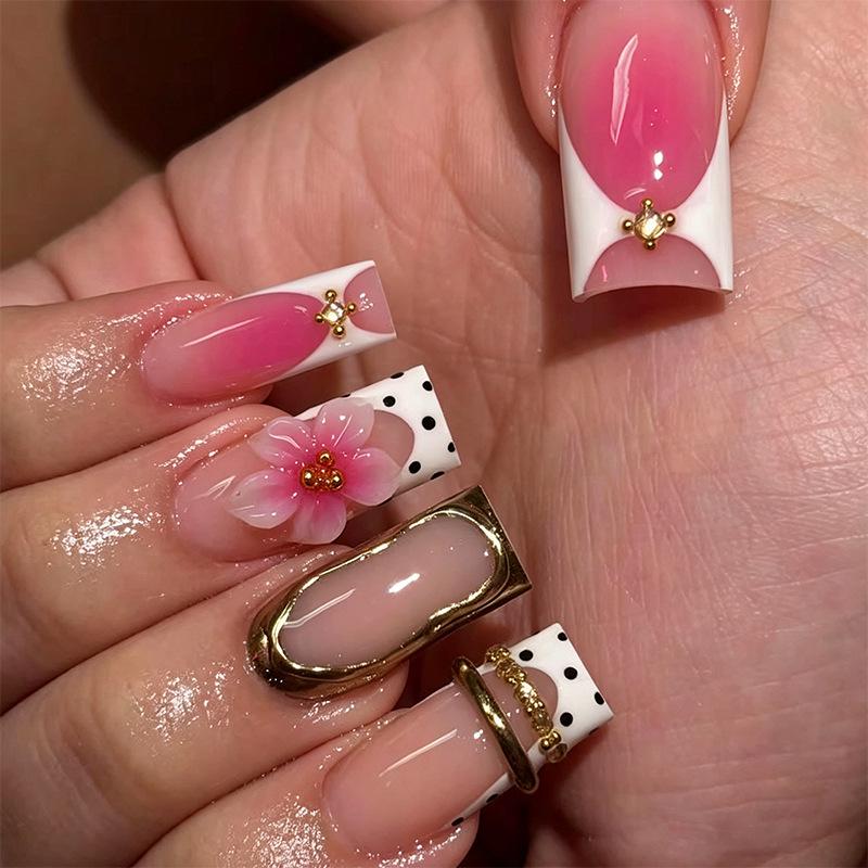 3D Pink Flower Leopard Print Detachable Wearable Nail Tips - European & American Design