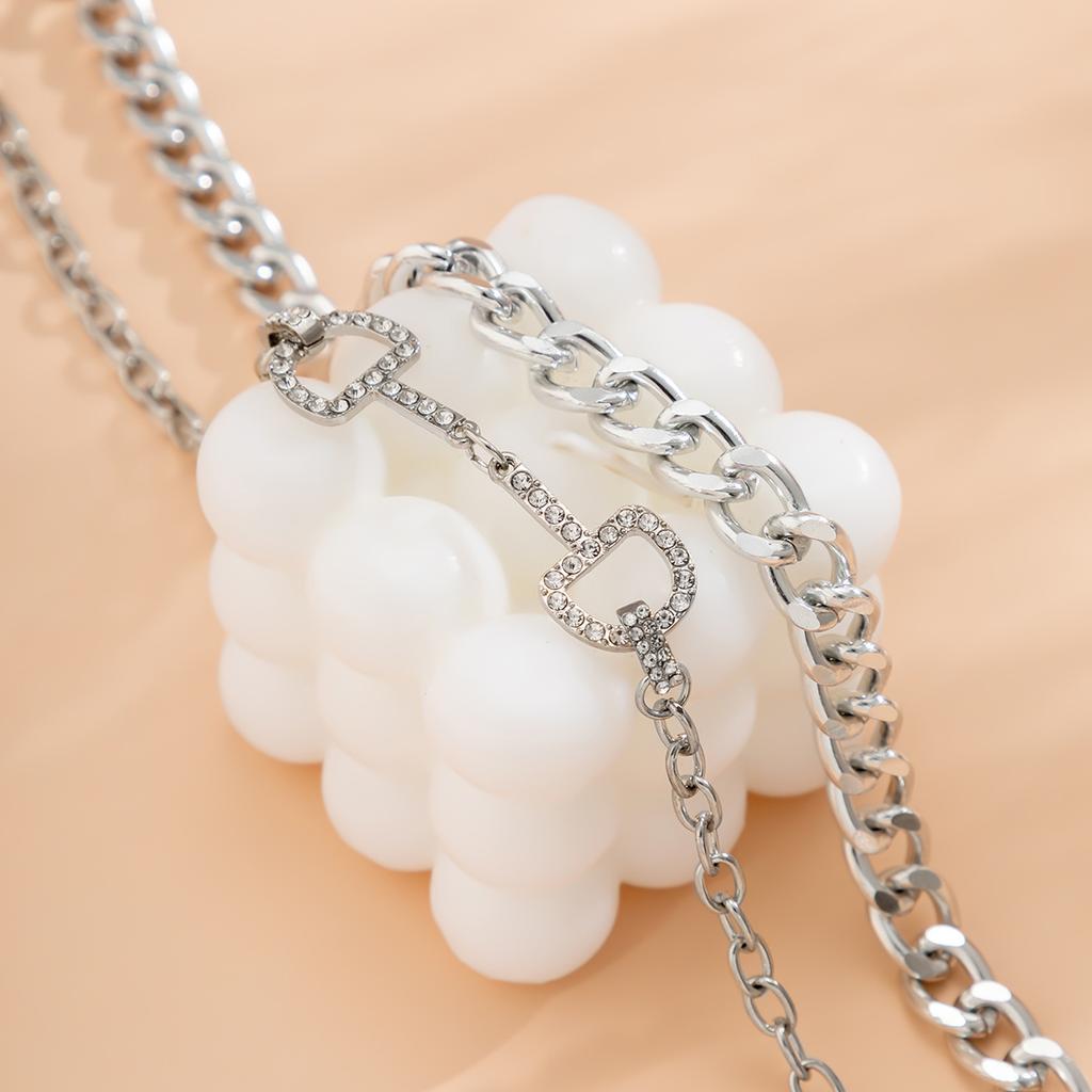 Accessories, creative full diamond D-shaped symmetrical double-layer necklace, hip-hop thick chain metal mix and match necklace