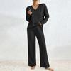 Women's Fashion Solid Color V Neck Long Sleeve Top Elastic Waist Casual Pants Two Piece Set
