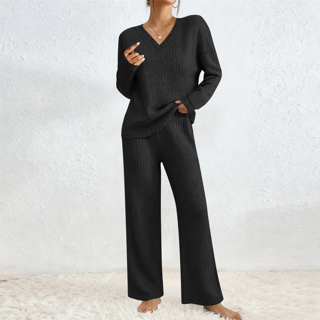 Women's Fashion Solid Color V Neck Long Sleeve Top Elastic Waist Casual Pants Two Piece Set