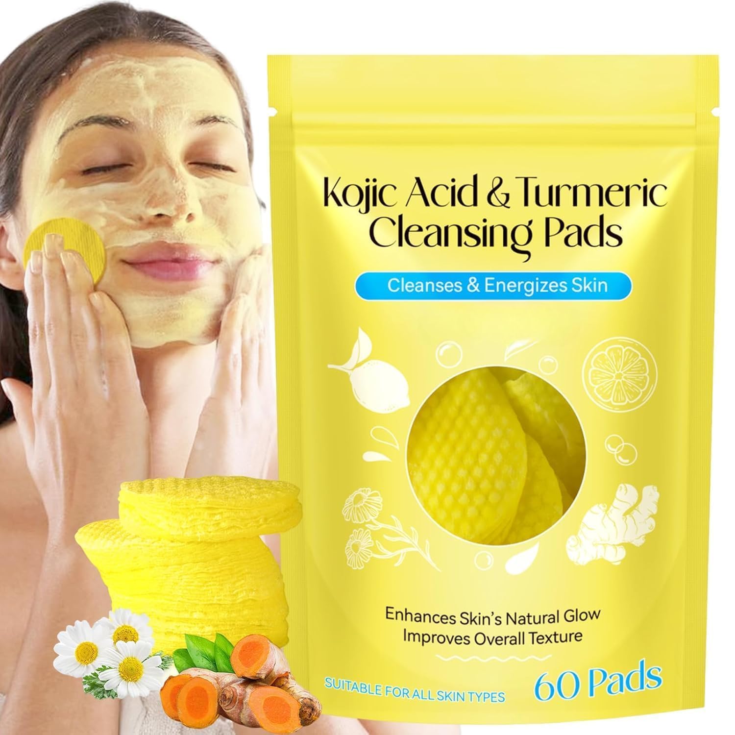 FIRAWER Turmeric Kojic Acid Peds, 60 Pack Acid Turmeric Cleansing Pads, Turmeric Exfoliators, Foam Pads for Cleansing, Brightening, Moisturizing