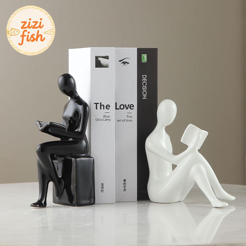 Leser Charakter Keramikstatue 2 Stück Bibliotheksregale Buchstütze Kreatives Handwerk Ornament Figuren Skulptur Raum Ästhetische Dekoration