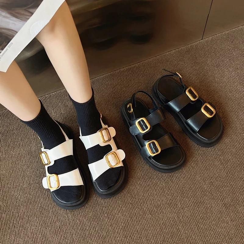 Fashion Gladiator Platform Women's Sandals 2025 Summer Women Flat Sandals Fashion Casual Metal Buckle Soft Bottom Ladies Sandals