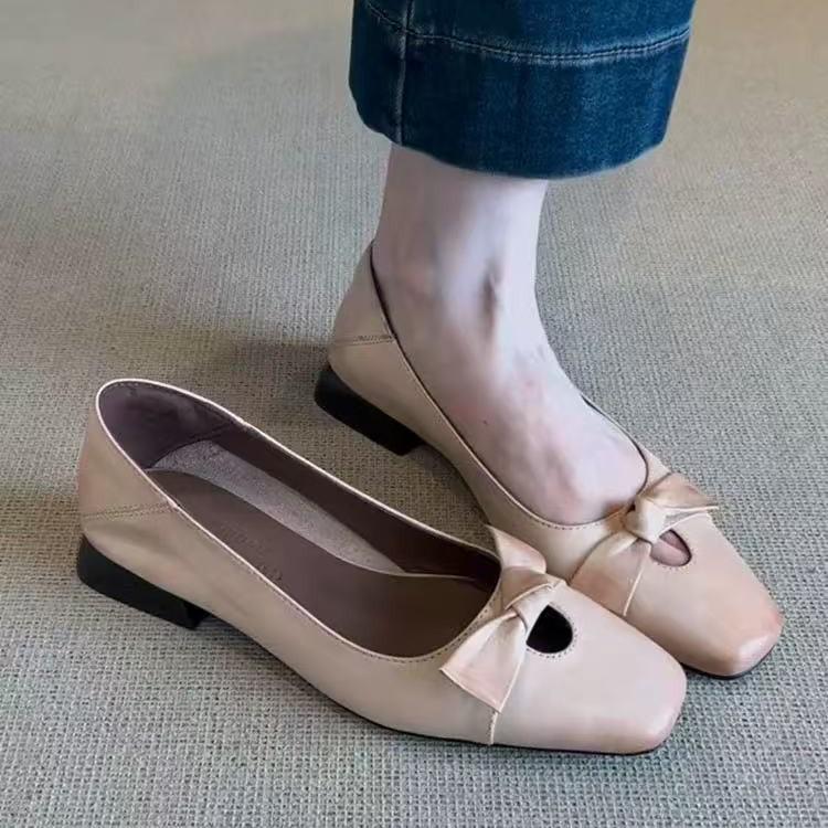 Sheepskin version~ retro apricot versatile flat-bottomed square-headed single shoes, women's one-pedal light-mouth bow ballet shoes