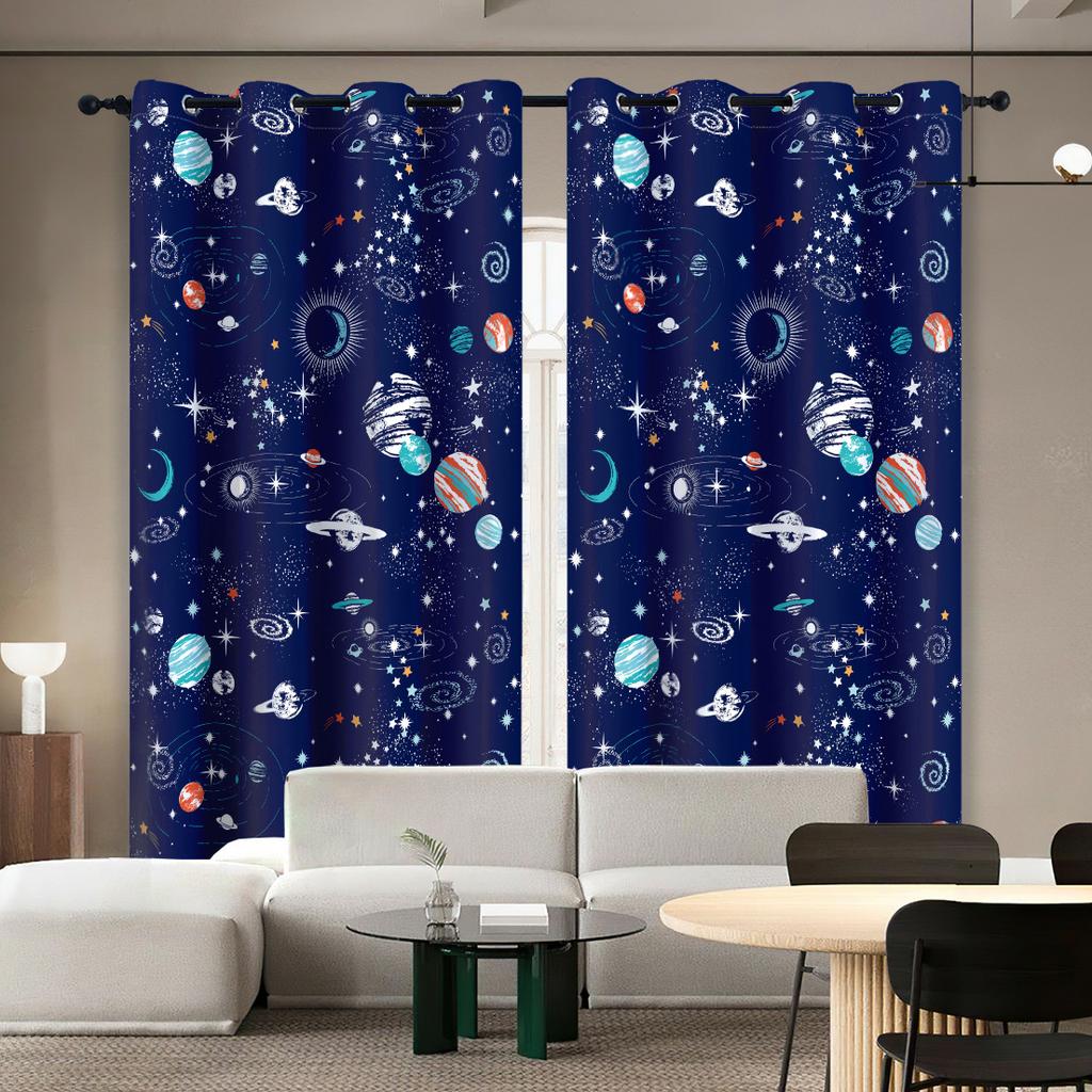 Adorable Astronaut Window Panel Drapes Spaceship Rocket Moon Eyelet Blackout Curtain Galaxy Star Outer Space Curtains for Kids Room Decor