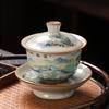 Beige Ru Kiln Sancai Cover Bowl Opening Film Can Feed Tea Bowl Kung Fu Tea Set Large Household Tea Bowl Antique Ceramics