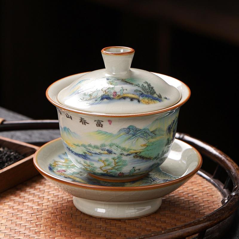 Beige Ru Kiln Sancai Cover Bowl Opening Film Can Feed Tea Bowl Kung Fu Tea Set Large Household Tea Bowl Antique Ceramics