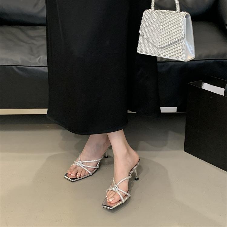 Square Head Rhinestone High-heeled Drag Women's Outer Wear 2025 Summer New Evening Wind Beauty One Foot Cool Slippers