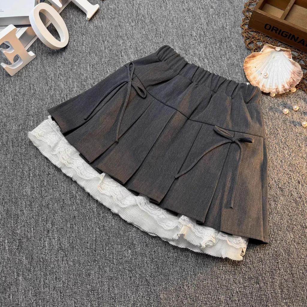 2025 Spring/Summer Girls' Korean Style Bow Lace Pleated Skirt Set