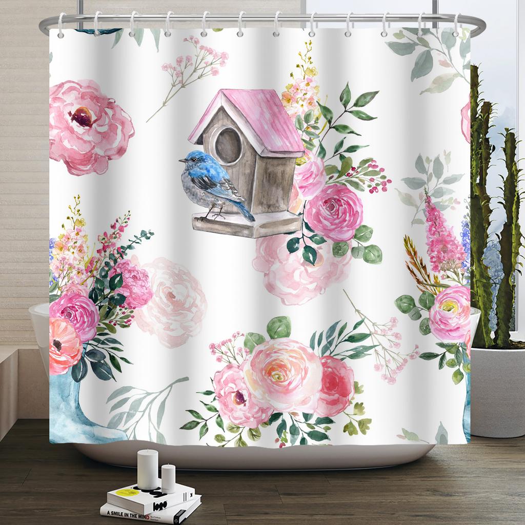 Floral Shower Curtain Flower Butterfly Waterproof Polyester Bathroom Curtain With Hooks Bathtub Screen