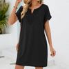 Women Casual V Neck Short Sleeve Dress with Lace Trim Raglan Sleeves and Pockets Loose Fit Tunic Dress for Daily Wear