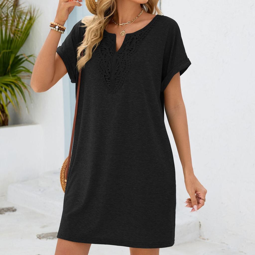 Women Casual V Neck Short Sleeve Dress with Lace Trim Raglan Sleeves and Pockets Loose Fit Tunic Dress for Daily Wear