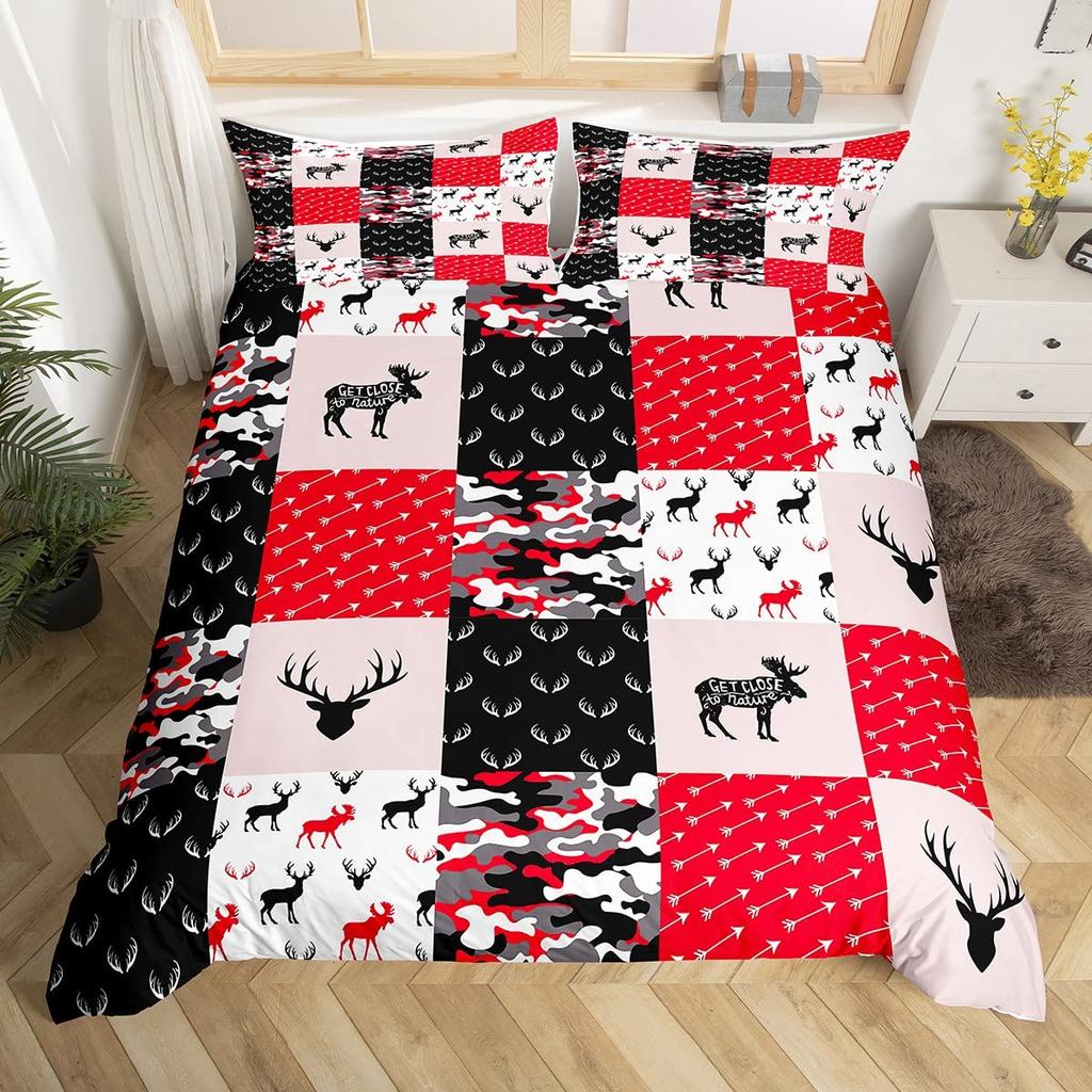 Camo Deer Duvet Cover Set Antlers Arrow Pattern Bedding Set Stripes Gird Camouflage Comforter Cover Microfiber King Quilt Cover