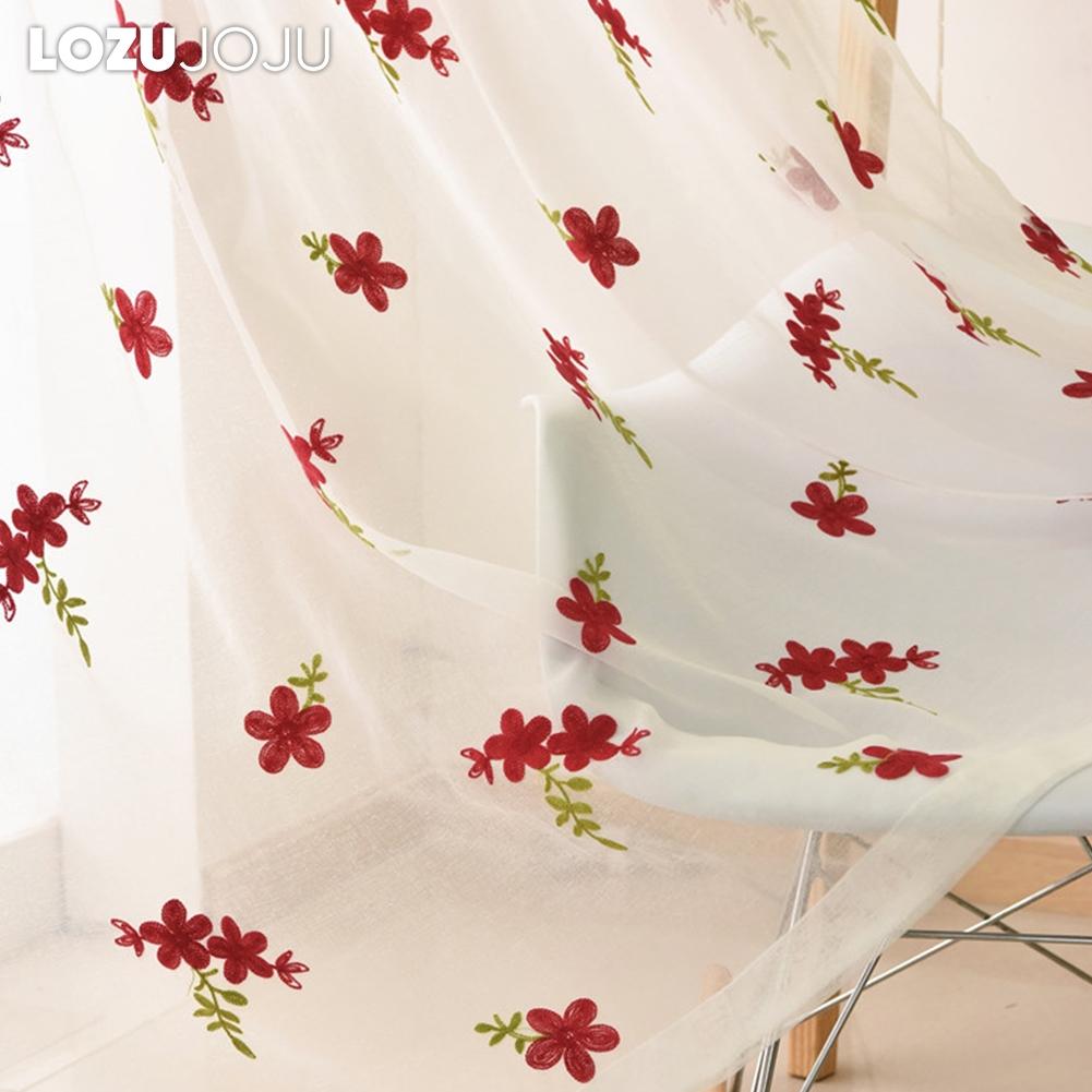 1PC LOZUJOJU Exquisite and Versatile Pastoral Style Red Floral Embroidered Sheer Curtain Tulle for Living Room Bedroom Window Decoration Home Decor