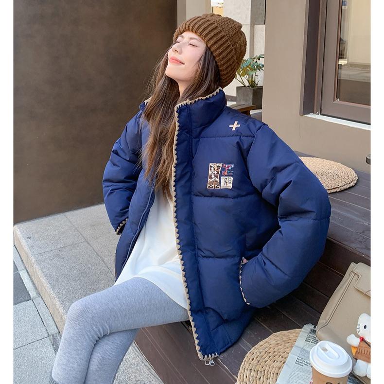 Embroidery Design Puffy Coat Women Winter Loose Cotton Jacket Warm Outwear Fashion