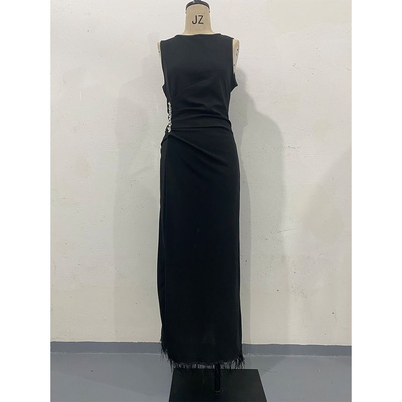 

European and American round Neck Solid Sleeveless Slim fit Tassel Dress Simple Banquet Formal Dress Daily Women Women Dress Black XXL