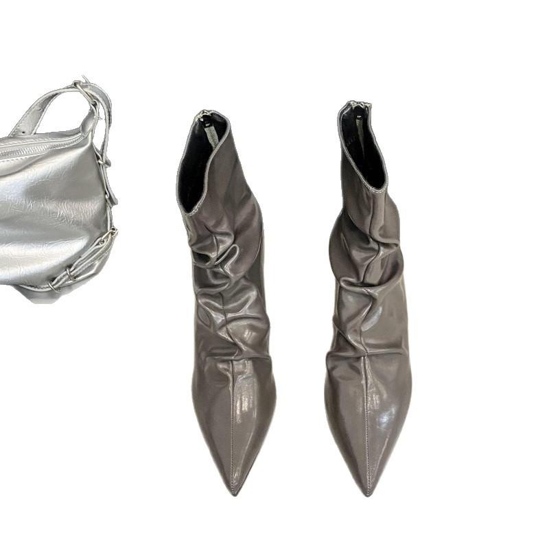 In the Autumn and Winter of 2025, the New Pointed-toed Thin-heeled Pleated Women's Boots Are Fashionable and Thin Soft Leather Zipper High-heeled Sh