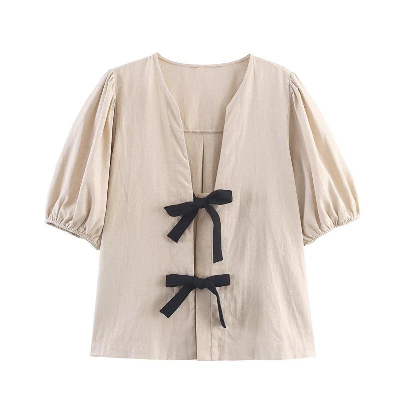 2025 Women s Autumn European & American Bow Striped Short-Sleeve Top 1165057 Extra Small