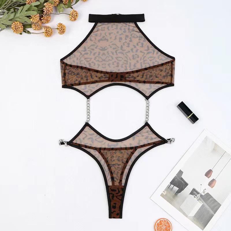 Leopard Print Sexy Lingerie Set: Flirty Hollowed Bodysuit for Nightclubs