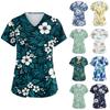 Top de uniforme para enfermagem feminino, manga curta, gola V, estampado, com bolsos, corte relaxado, padrão floral e de folhas